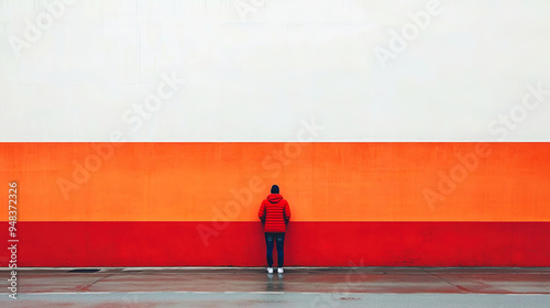 A minimalist urban scene of a person in a red jacket standing against a white and orange wall. Great for modern, urban, or design themes.