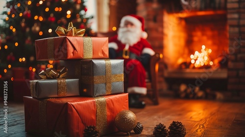 Stacked Christmas presents wrapped in gold and silver paper near a fireplace, with Santa in the background. Perfect for holiday, celebration, or winter themes.