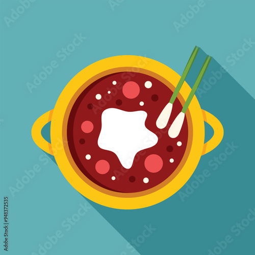 Hot steaming borscht served in yellow pot with sour cream and green onions, top view