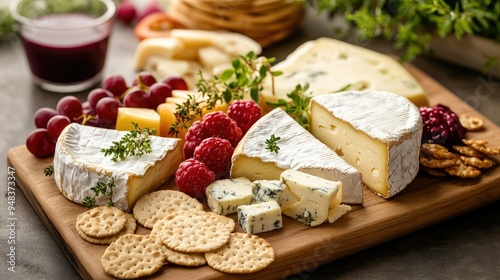 Artisanal cheese board with a variety of cheeses, crackers, and fruit, elegantly arranged for a gourmet experience.