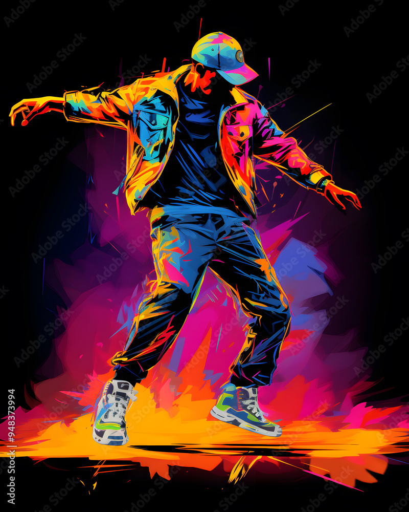 Man in bright clothes dancing hip-hop isolated on dark background in mixed neon light Man in bright clothes dancing hip-hop isolated on dark background in mixed neon light