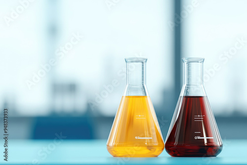 Colorful laboratory flasks filled with a vibrant yellow and deep red liquid, against a softly blurred background, illustrate a scientific experiment atmosphere.