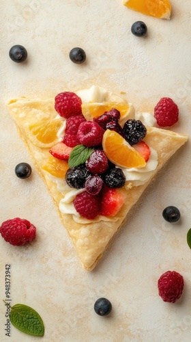 A delicious crepe with whipped cream, orange slices, and mixed berries, such as raspberries, blueberries, strawberries, and blackberries.