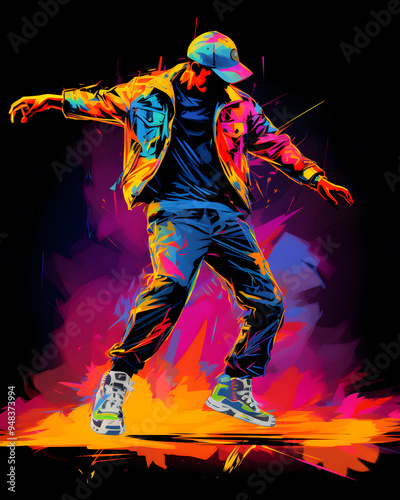Wallpaper Mural Man in bright clothes dancing hip-hop isolated on dark background in mixed neon light Torontodigital.ca