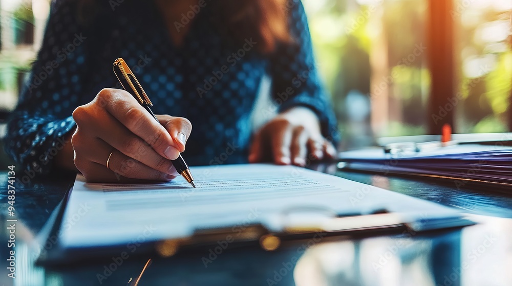 A close-up of a business insurance policy document being signed by an entrepreneur. A close-up of a business insurance policy document being signed by an entrepreneur.
