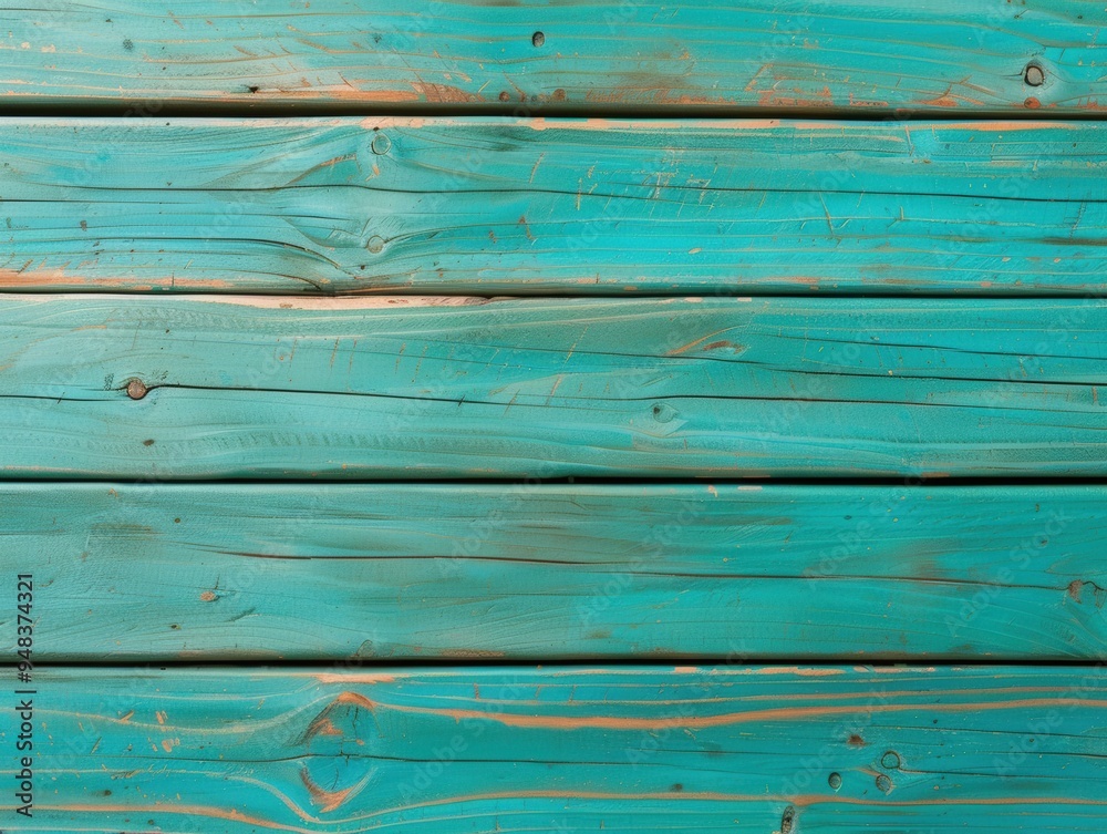 Fototapeta premium Weathered turquoise wooden planks enhancing a coastal vibe on a sunny afternoon