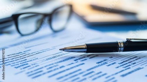 A close-up of a document outlining insurance coverage details, with a pen and glasses.