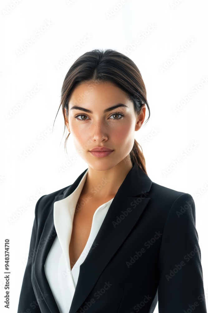 A confident young woman in a black suit jacket over a white blouse, showcasing a professional demeanor against a bright, neutral background A confident young woman in a black suit jacket over a white blouse, showcasing a professional demeanor against a bright, neutral background