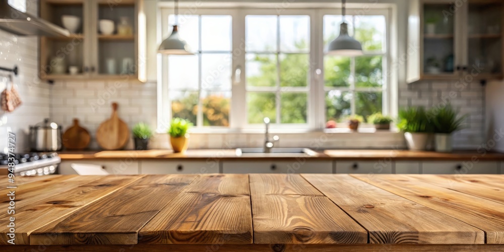 Wooden table top blending with blurred kitchen window background, creating a cozy and inviting atmosphere