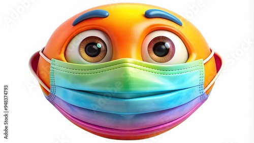 Colorful cartoon character wearing a brightly colored medical face mask, with a friendly smile and big eyes, on a white background. photo