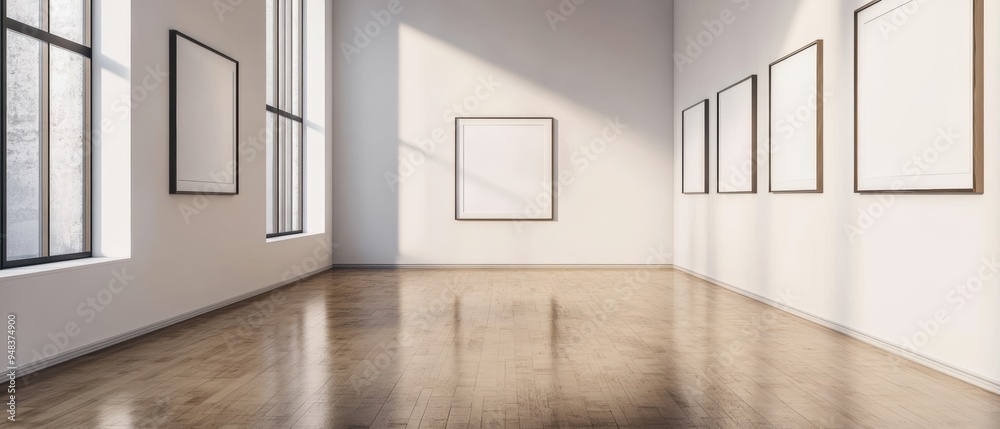 Fototapeta premium A spacious art gallery featuring empty frames on white walls, illuminated by natural light streaming through large windows, creating a serene atmosphere.