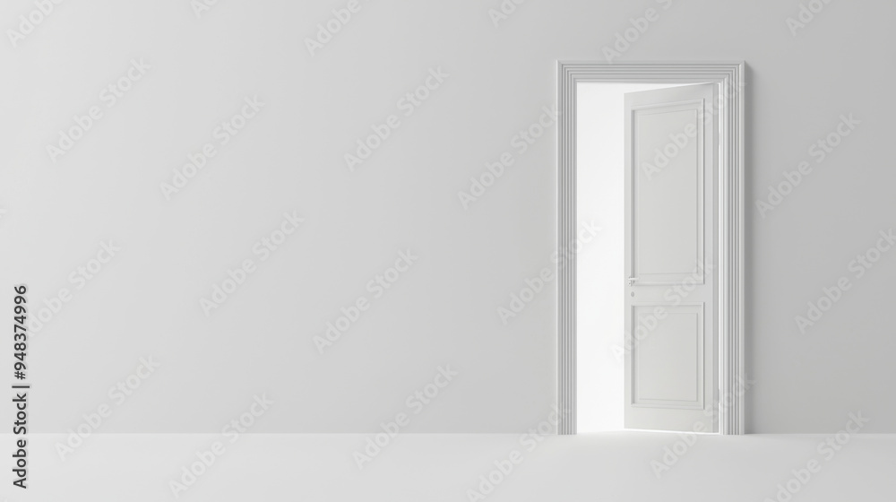 Fototapeta premium A white door is open, revealing a bright room. The door is the only object in the image, and it is the main focus. The room is empty, with no furniture or decorations