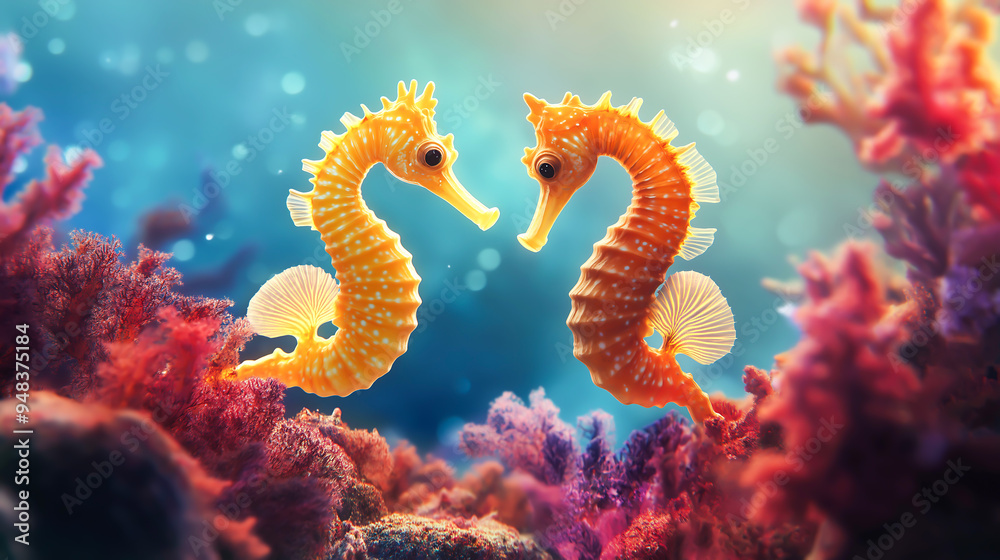 Marine wildlife. Seahorses at coral reef, Lovely scenery of two seahorses. Two seahorses at the ocean Marine wildlife. Seahorses at coral reef, Lovely scenery of two seahorses. Two seahorses at the ocean