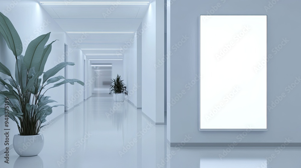 Blank white billboard stands tall in a minimalist hospital lobby, bathed in bright, sterile light. Blank white billboard stands tall in a minimalist hospital lobby, bathed in bright, sterile light.