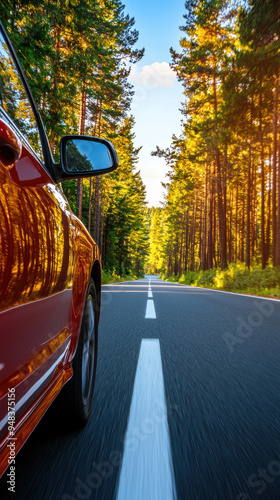 Red car driving on a scenic road through a forest with tall trees and sunlight filtering through, capturing the essence of a peaceful journey. photo