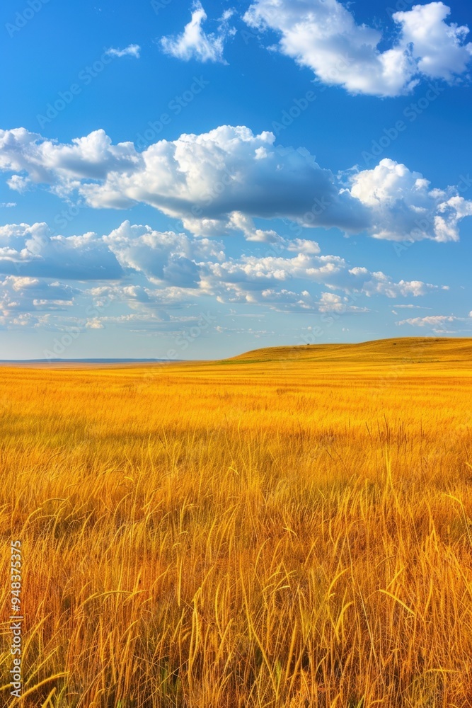 Golden fields under a bright blue sky with fluffy white clouds at sunset Golden fields under a bright blue sky with fluffy white clouds at sunset
