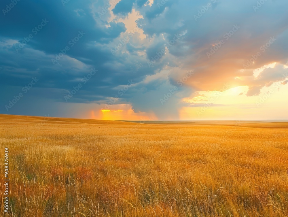 Golden wheat fields basking under a vibrant sunset against dramatic stormy skies Golden wheat fields basking under a vibrant sunset against dramatic stormy skies