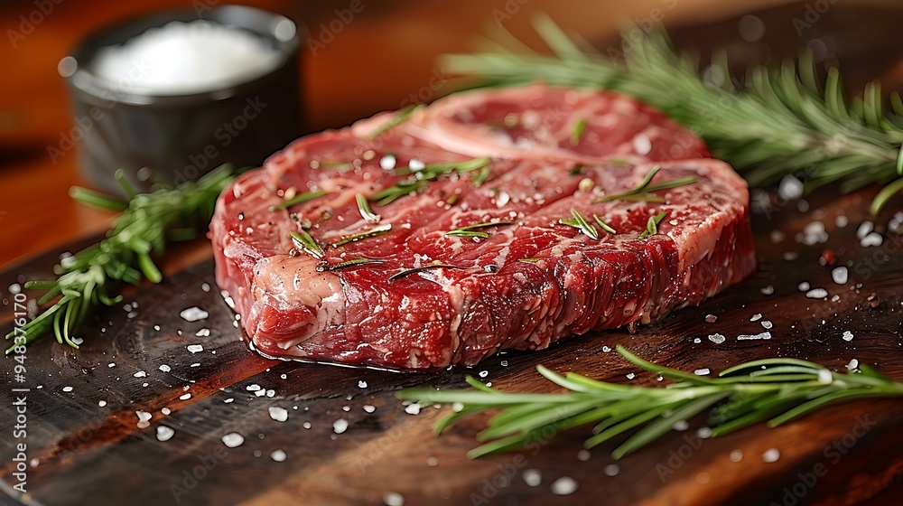 A high-definition shot of a raw ribeye steak on a weathered wooden board, with rosemary sprigs, thyme, and sea salt artfully arranged around, diffused natural light creating subtle highlights, A high-definition shot of a raw ribeye steak on a weathered wooden board, with rosemary sprigs, thyme, and sea salt artfully arranged around, diffused natural light creating subtle highlights,