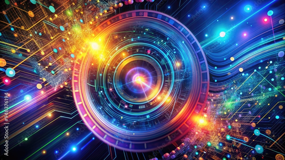 Colorful digital abstract with swirling patterns of 1s and 0s, circuits, and geometric shapes, representing data analysis, computer programming, and innovative technology. Colorful digital abstract with swirling patterns of 1s and 0s, circuits, and geometric shapes, representing data analysis, computer programming, and innovative technology.