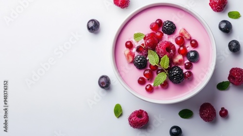 Pink yogurt with fresh raspberries, blueberries, blackberries, and red currants in a white bowl with mint leaves on a white background.