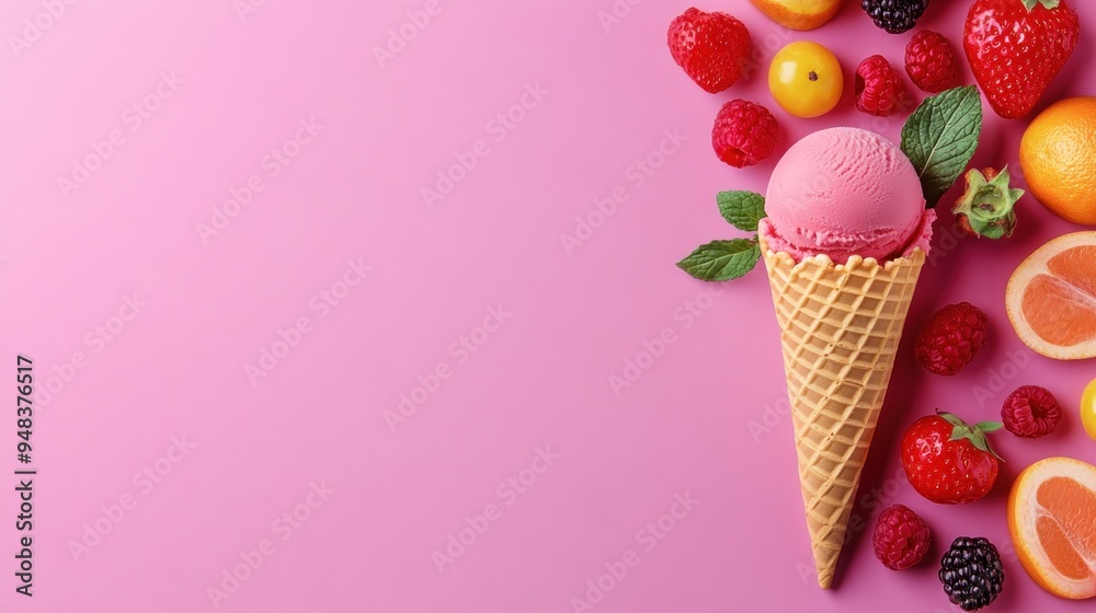 Pink ice cream cone with fresh fruit on a pink background. Pink ice cream cone with fresh fruit on a pink background.