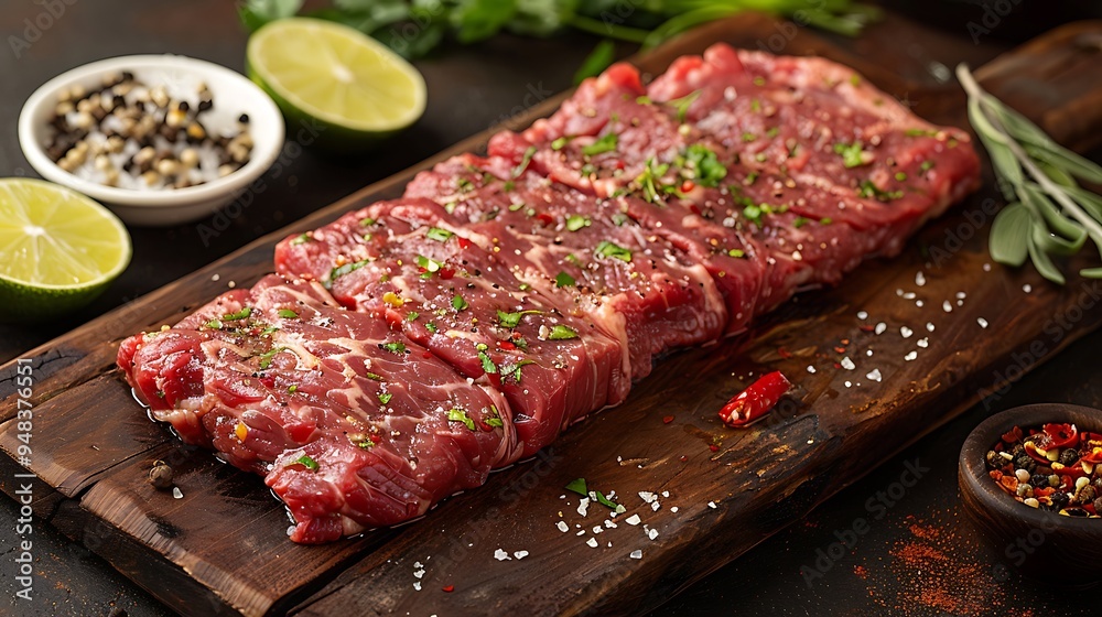 A high-definition shot of a raw skirt steak on a weathered wooden board, with chili flakes, fresh cilantro, and lime slices artfully arranged around, diffused natural light creating subtle highlights,