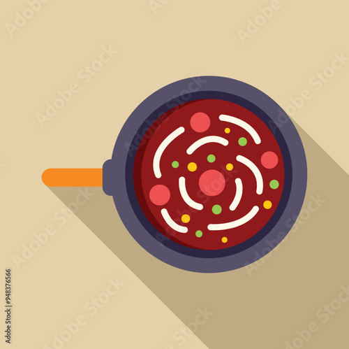 Cooking pot with a delicious soup inside forming a spiral shape with the vegetables, perfect image for a restaurant menu or a food blog