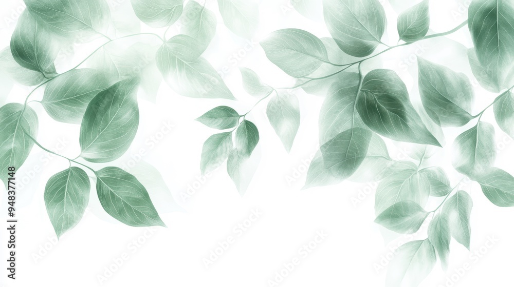 A soft and elegant design featuring light green leaves on a white background, conveying a sense of calmness and nature A soft and elegant design featuring light green leaves on a white background, conveying a sense of calmness and nature