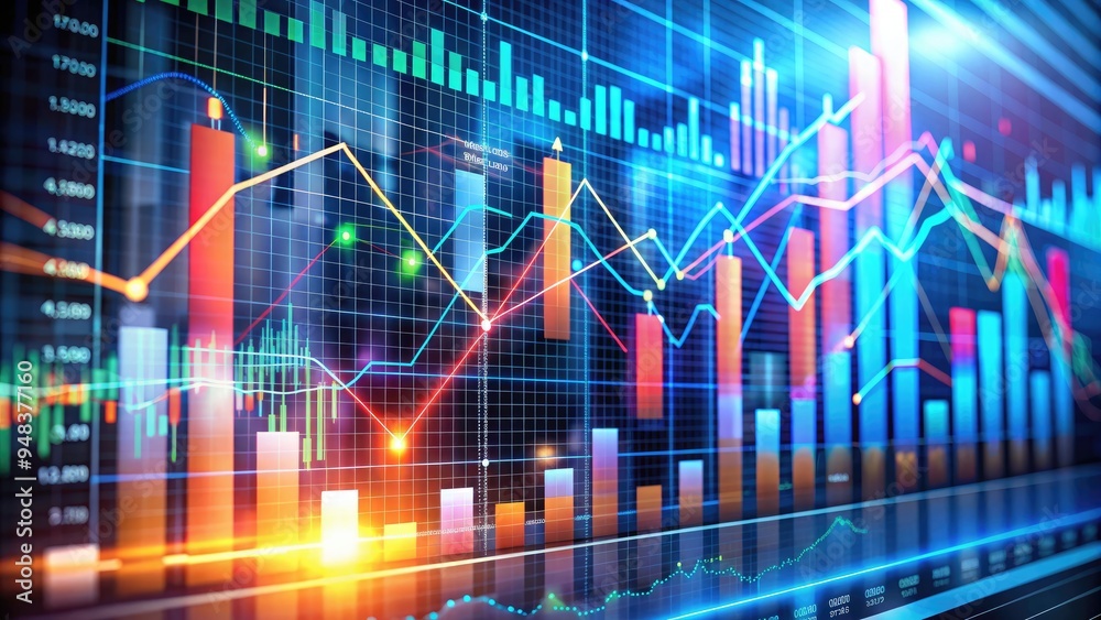 Colorful financial graphs and charts on screen with lines and columns rising, indicating successful investment and growth in a modern business environment. Colorful financial graphs and charts on screen with lines and columns rising, indicating successful investment and growth in a modern business environment.