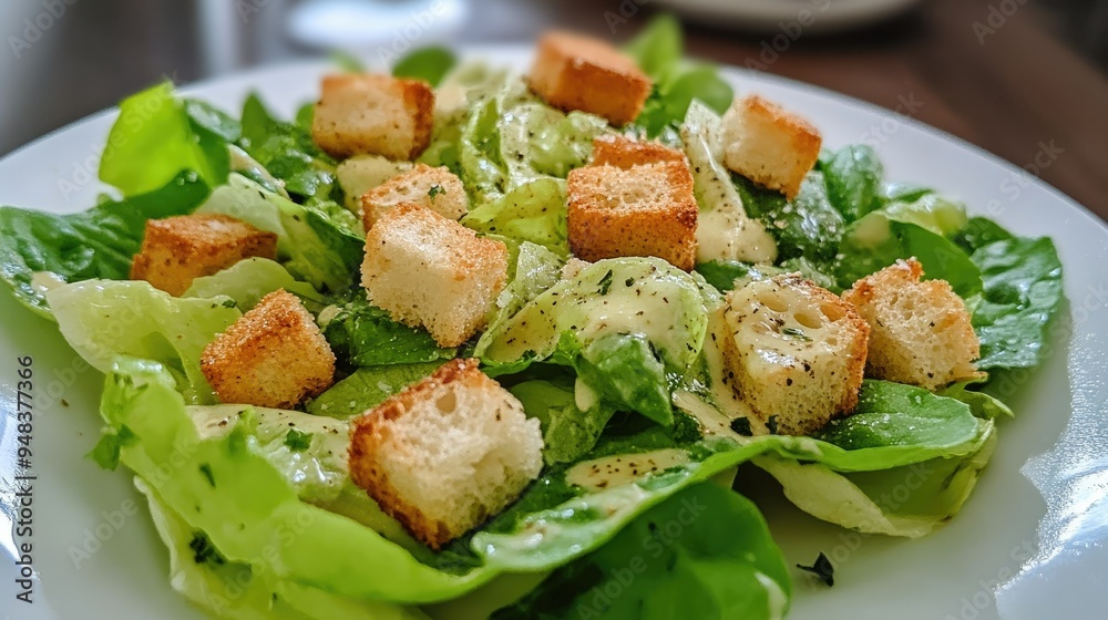 Crisp romaine lettuce Caesar salad with a generous drizzle of homemade dressing and crunchy garlic croutons on a white plate. Crisp romaine lettuce Caesar salad with a generous drizzle of homemade dressing and crunchy garlic croutons on a white plate.