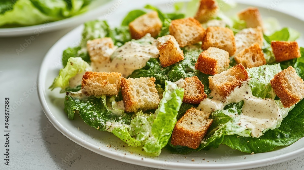 Crisp romaine lettuce Caesar salad with a generous drizzle of homemade dressing and crunchy garlic croutons on a white plate. Crisp romaine lettuce Caesar salad with a generous drizzle of homemade dressing and crunchy garlic croutons on a white plate.