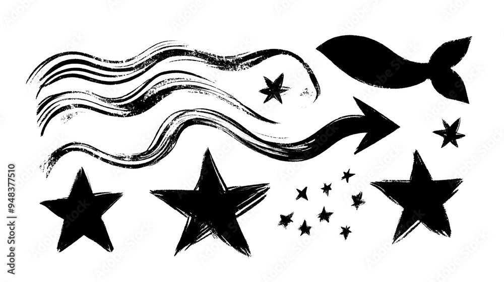 A collection of whimsical, hand-drawn elements featuring stars, waves, and a whale tail, evoking a sense of wonder and creativity A collection of whimsical, hand-drawn elements featuring stars, waves, and a whale tail, evoking a sense of wonder and creativity