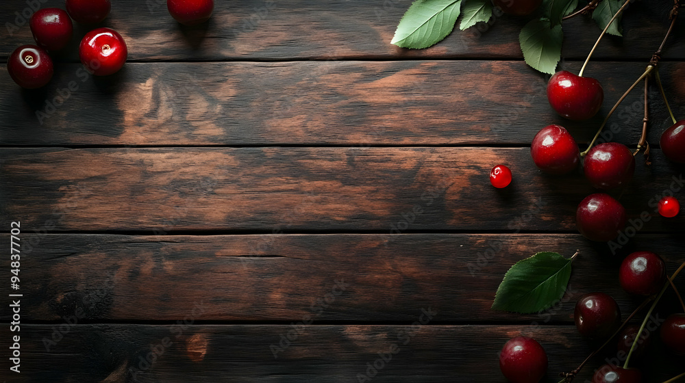 Naklejka premium Cherries with leaves on a dark wooden background, with copy space.