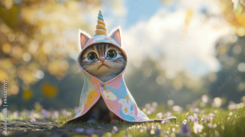 3D rendering of a cute fluffy kitten in a unicorn-themed blanket and matching hat, 3D rendering of a cute fluffy kitten in a unicorn-themed blanket and matching hat,
