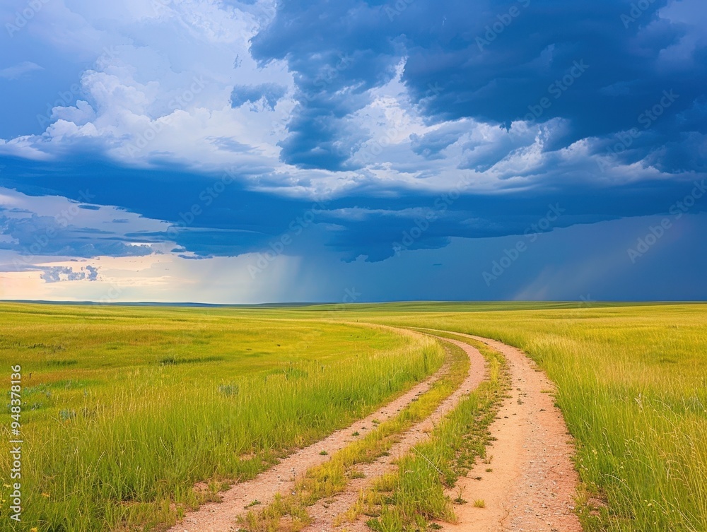 Winding dirt road through vibrant green fields under dramatic stormy skies at dusk Winding dirt road through vibrant green fields under dramatic stormy skies at dusk