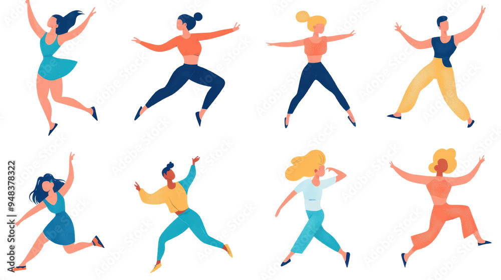 A vibrant illustration of diverse people dancing joyfully in various poses, showcasing movement and celebration of body positivity A vibrant illustration of diverse people dancing joyfully in various poses, showcasing movement and celebration of body positivity