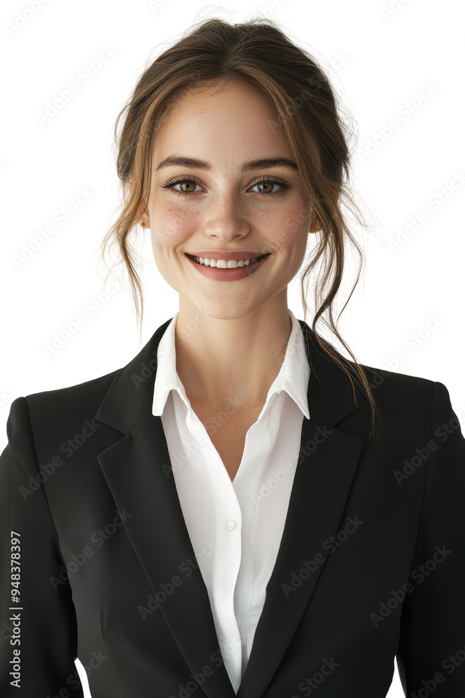 A professional young woman with a warm smile, wearing a black suit jacket over a white shirt, exuding confidence and approachability A professional young woman with a warm smile, wearing a black suit jacket over a white shirt, exuding confidence and approachability