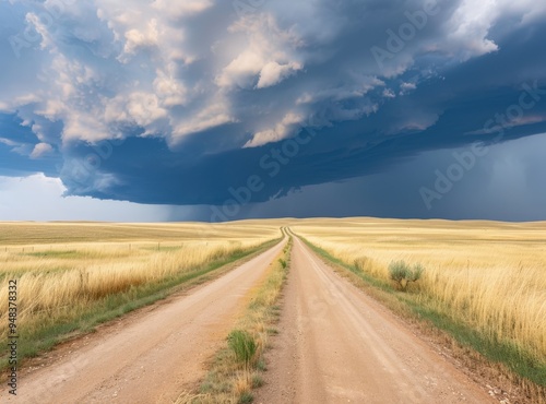 A winding dirt road stretches through golden fields beneath a dramatic stormy sky