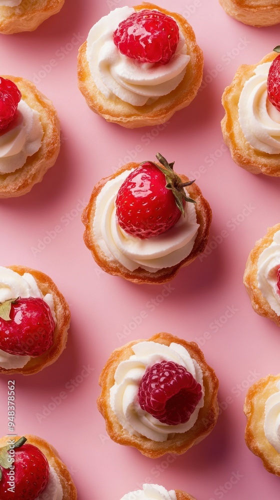 A pattern of mini tarts topped with whipped cream and fresh strawberries and raspberries on a pink background. A pattern of mini tarts topped with whipped cream and fresh strawberries and raspberries on a pink background.