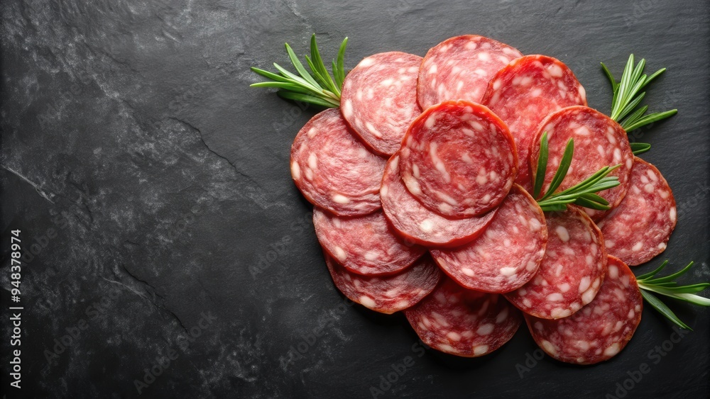Salami slices arranged on a dark background Salami slices arranged on a dark background