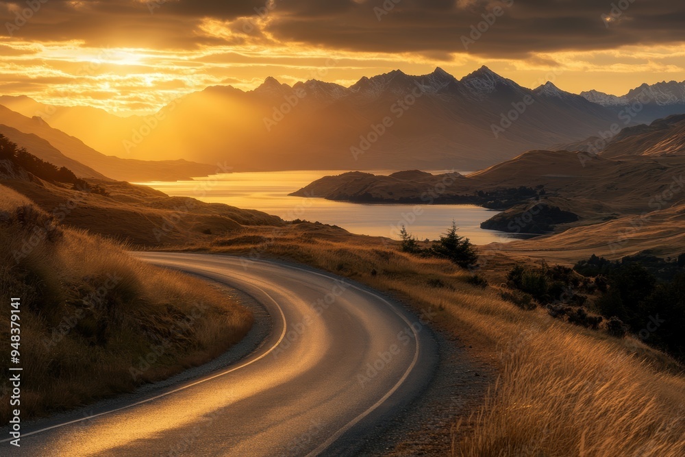 Fototapeta premium A winding road leads through golden fields, with mountains in the background illuminated by a dramatic sunset over a serene lake