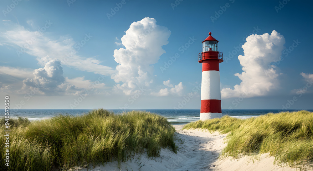 Lighthouse on the Island of Sylt, a Red and White Lighthouse Standing Tall Against a Clear Blue Sky, Symbolizing Guidance, Safety, and the Maritime Heritage of Coastal Regions, Perfect for Themes of T Lighthouse on the Island of Sylt, a Red and White Lighthouse Standing Tall Against a Clear Blue Sky, Symbolizing Guidance, Safety, and the Maritime Heritage of Coastal Regions, Perfect for Themes of T