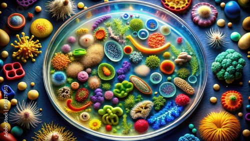 Colorful illustration of diverse microbial communities in a petri dish, showcasing various bacteria, fungi, and archaea species under a microscope for analysis. photo