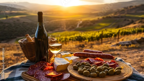 Spanish Heritage Sunset: A Rustic Charcuterie Board with Vineyard View