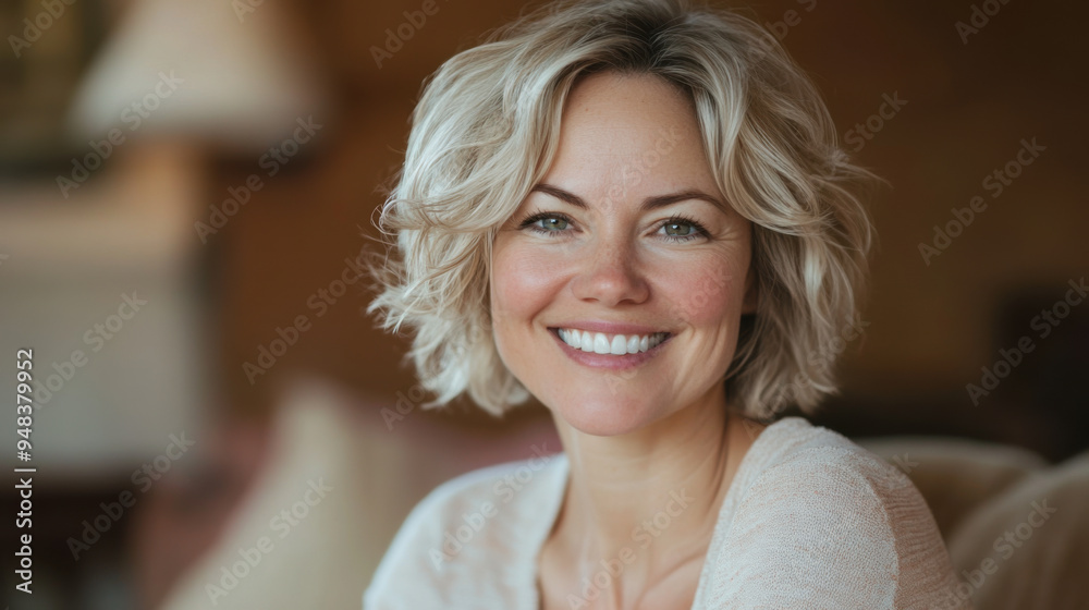 A blonde woman with short hair smiling warmly into the camera, natural light A blonde woman with short hair smiling warmly into the camera, natural light