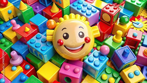 Colorful illustrations of building blocks, toys, and learning aids surround a bright smiling icon, symbolizing fun and educational kindergarten experiences. photo