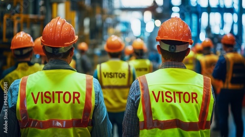 At the busy construction site, safetyclad visitors inspect the area, underscoring the vital role of protective gear and the importance of adhering to safety protocols in industrial settings photo