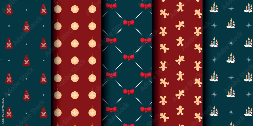 Fototapeta premium Set of Christmas vector seamless pattern. Merry Christmas and Happy New Year. Christmas symbols background. Vector red and blue seamless illustration