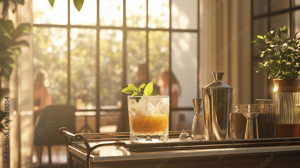 Elegant mint julep cocktail on a golden cart in a bright, sunlit room Elegant mint julep cocktail on a golden cart in a bright, sunlit room