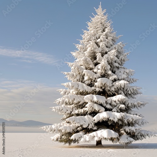 A majestic snow-covered pine tree standing alone against a serene winter landscape at sunrise